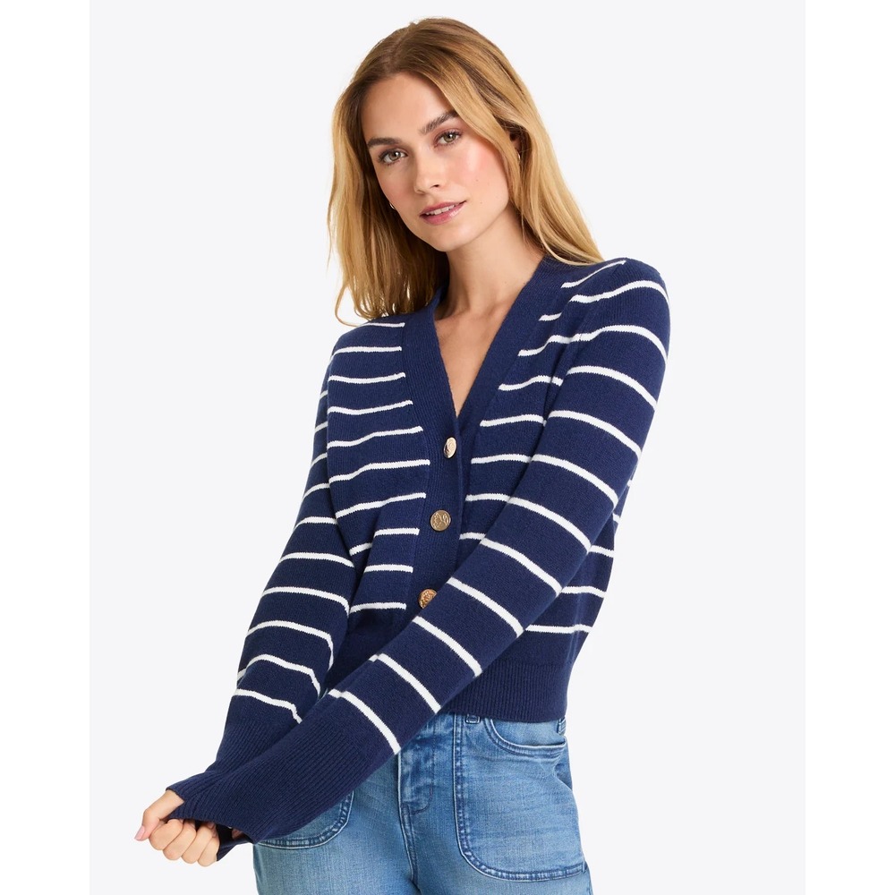 Draper James Varsity Striped V-Neck Cardigan Large Gold Floral Buttons Navy Blue